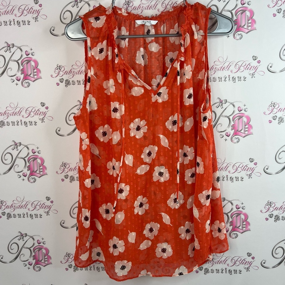 ALFRED SUNG tank top blouse flowers sheer Orange Floral Blouse tie ups